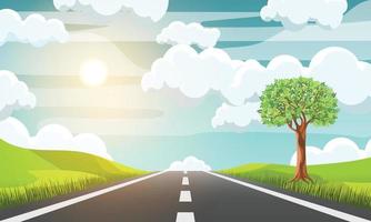 asphalt road in countryside with tree in meadow at sunset vector