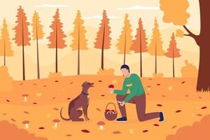 Mushroom collecting in fall flat color vector illustration