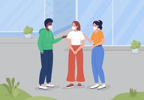 Talking on street during pandemic flat color vector illustration