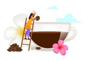 Small family coffee business flat vector illustration. Small-scale coffee production. Smallhoder. Plumeria flower. Indonesia. Isolated cartoon concept on white background