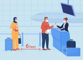 Social distancing in airport flat color vector illustration