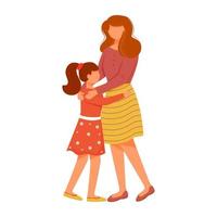 Lovely mom with daughter flat vector illustration. Close family relationships. Little girl greeting mum. Caucasian mother hugging with kid isolated cartoon characters on white background