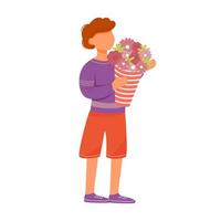 Little boy with bouquet flat vector illustration. Kid with present. Family holiday celebration. Mother day. Cute brunette son standing with flowers isolated cartoon character on white background