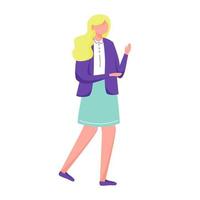 Teenager girl in school uniform flat vector illustration. Active sociable student. Full body gesturing long hair blonde young woman isolated cartoon character on white background