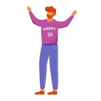 Happy birthday man flat vector illustration. Joyful bearded man with hands up. Party entertainment. Cheerful guy in celebration thirtieth anniversary isolated cartoon character on white background