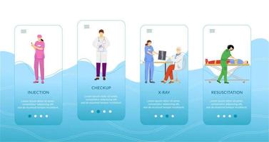 Medical procedures onboarding mobile app screen vector template. Injection, checkup, resuscitation. Walkthrough website steps with flat characters. UX, UI, GUI smartphone cartoon interface concept