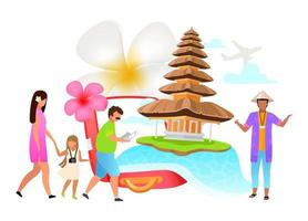 Tourism flat vector illustration. Family trip. Bali sightseeing. Temple. Guide. Indonesia, exotic country. Plumeria flower. Isolated cartoon concept on white background