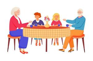 Retired people flat vector illustration. Children came to visit elderly relatives. Family pastime. Grandparents drink tea with kids cartoon isolated characters on white background