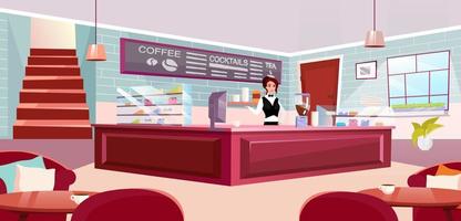 Barista at counter flat vector illustration. Stylish coffeehouse with comfortable furniture. Waitress at bakery offering drinks. Sunlit hall of cozy coffee shop. Cartoon brick walls and staircase