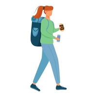 Ilustración de vector plano de chica turística. trekking. desafiante actividad de ocio. Mujer caucásica caminando con mochila, sosteniendo el teléfono y el boleto personaje de dibujos animados aislado sobre fondo blanco.