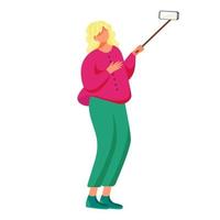 mujer toma teléfono selfie ilustración vectorial plana. estilo de vida adolescente. transmisor de video. Adolescente hace autorretrato con smartphone y monopie personaje de dibujos animados aislado sobre fondo blanco. vector