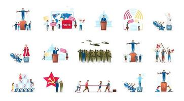 Political system metaphor flat vector illustration set. Different forms of governments. Head of state. Radical ideologies. Election process. Monarchy and republic. Politicians cartoon characters