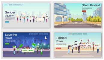 Social movements landing page templates set. Gender equality, save planet protests website interface idea with flat illustrations. Political demonstration homepage layout. Web banner, webpage concept vector