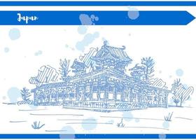 postal dibujada a mano del templo del trabajo del bosquejo azul de japón vector
