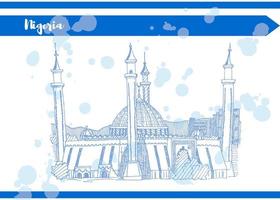 Blue old mosque in nigeria postcard for tourism advertisement vector