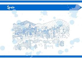 Blue spain castle on the mountain sketch liner vector