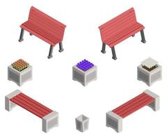 isometric benches and flower beds with flowers vector