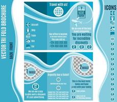 folleto azul para una empresa de viajes con iconos de transporte vector