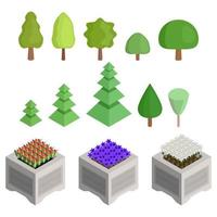 collection of isometric trees and flower beds vector
