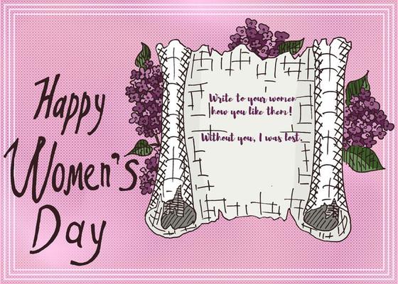 pink sketch postcard with a lilac declaration of love