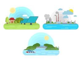 solar panels hydroelectric power plant nuclear power plant flat vector