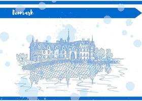 Denmark old house on the riverbank blue sketch vector