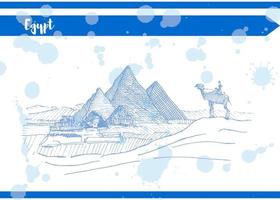 Blue Egyptian sketch pen pyramid sphinx and camel with rider vector