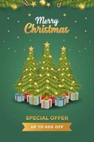 Diseño de cartel de venta navideña con pino, cajas de regalo, lámparas, estrellas y adornos navideños. vector
