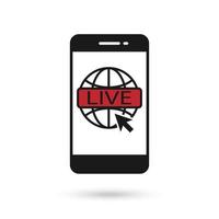Mobile phone flat design icon with live news red sign. vector