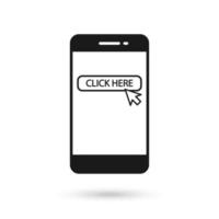Mobile phone flat design icon with click here sign. vector