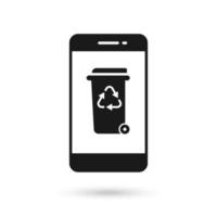 Mobile phone flat design icon with Trash can on wheels with recycling symbol sign. vector