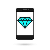 Mobile phone flat design icon with blue Diamond gemstone sign.