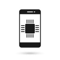 Mobile phone flat design icon with cpu or gpu chip sign. vector