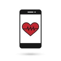 Mobile phone flat design icon with red Heart beat sign. vector