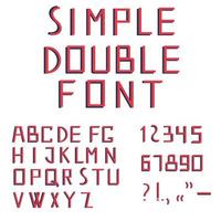 Simple double red font and numbers isolated on white background. Typography alphabet. Vector illustration