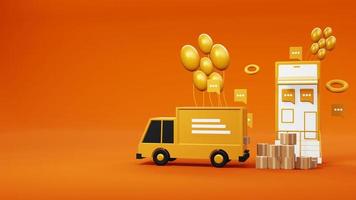 Delivery Service Truck 3D rendering Background Design isolate on yellow Background photo