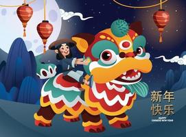una niña celebra el año nuevo chino con la danza del león chino vector