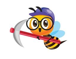 Cartoon cute worker bee with purple safety cap and holding big pickaxe. Cute bee wearing eye glasses. Vector character