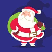 Merry Christmas. Flat design Santa Claus carrying a big brown gift bag. Vector character