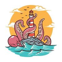 Octopus and lighthouse vector illustration