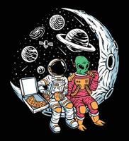 astronautas y extraterrestres se relajan juntos en la ilustración de la luna vector