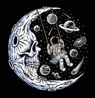 Astronaut playing swing on skull moon illustration