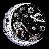 astronauta con su perro en la ilustración de la luna vector