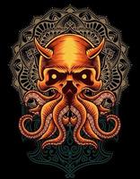 illustration octopus skull with mandala ornament vector