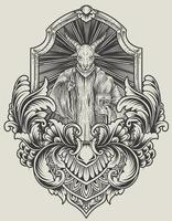illustration scary baphomet on engraving ornament vector