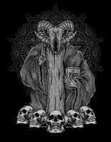 illustration scary baphomet skull on engraving ornament vector