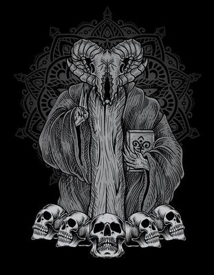 illustration scary baphomet skull on engraving ornament