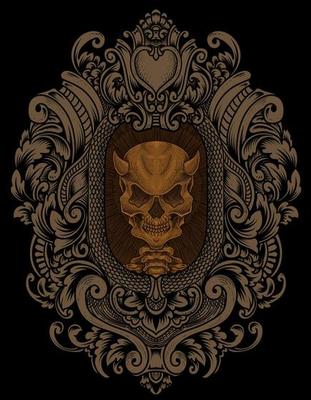 illustration demon skull with engraving ornament style