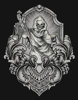 ilustración, justicia, muerte, ángel, con, vendimia, grabado, ornamento vector