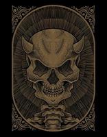 illustration skull demon with engraving style vector